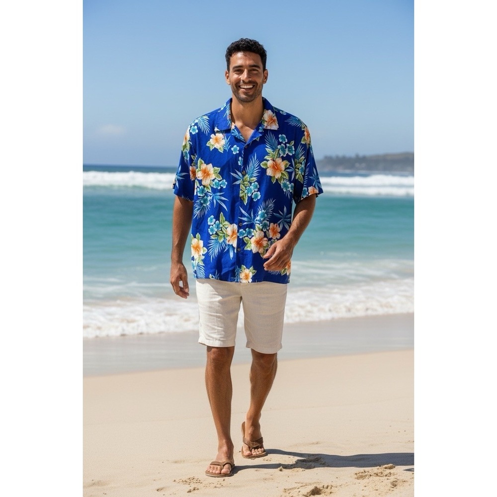 New Hawaii Hangover Men's Size Large Blue Hawaiian Button Down Shirt Blue Floral
